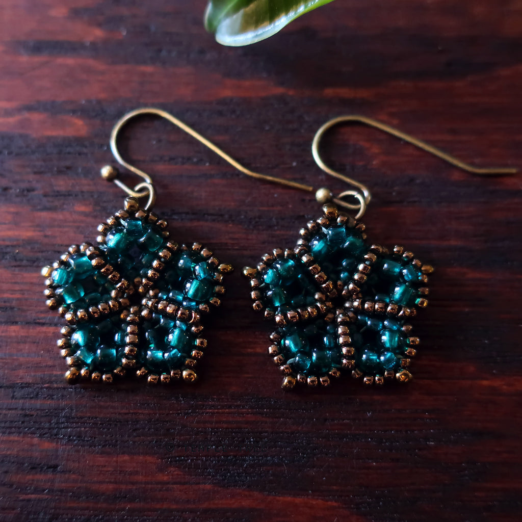 Temple Tree Mandala Flower Dangle Earrings - Teal and Bronze