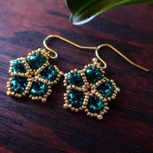 Temple Tree Mandala Flower Beaded Earrings - Teal and Gold