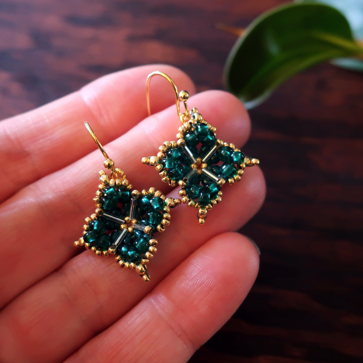 Temple Tree Quatrefoil Mandala Beaded Earrings - Teal and Gold