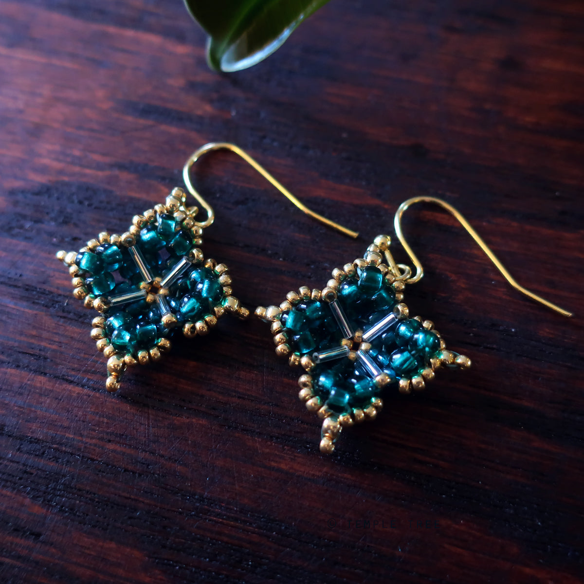 Temple Tree Quatrefoil Mandala Beaded Earrings - Teal and Gold