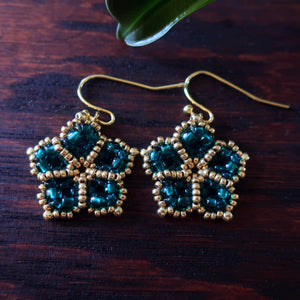 Temple Tree Mandala Flower Beaded Earrings - Teal and Gold