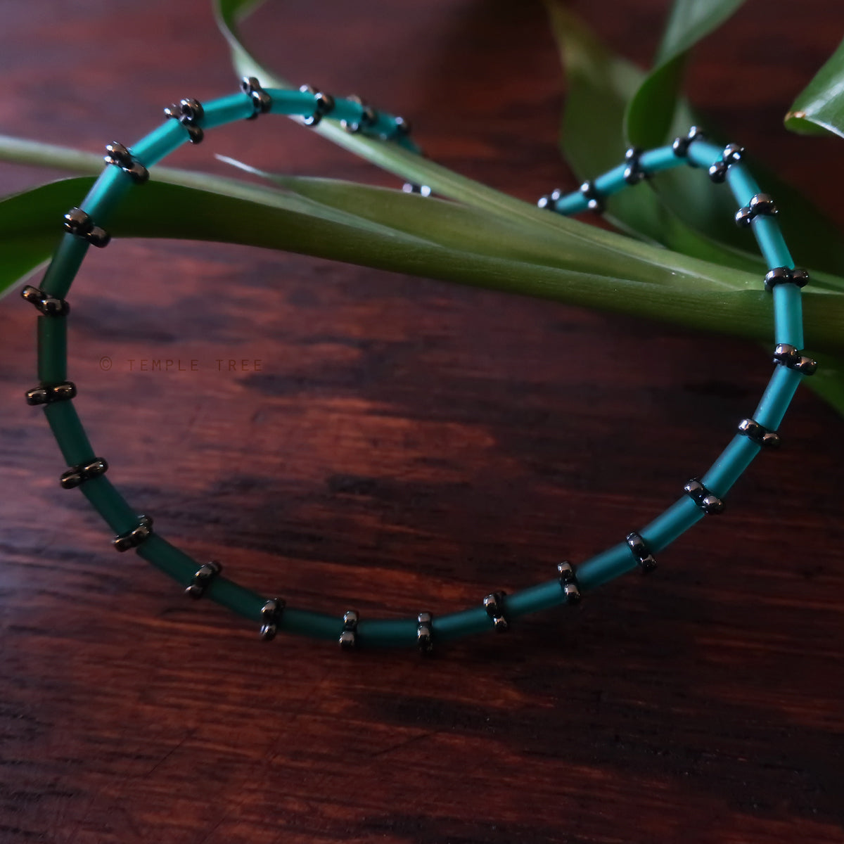 Temple Tree Thin Bamboo Weave Beaded Bracelet - Teal and Grey