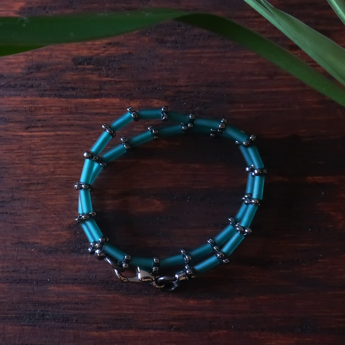 Temple Tree Thin Bamboo Weave Beaded Bracelet - Teal and Grey