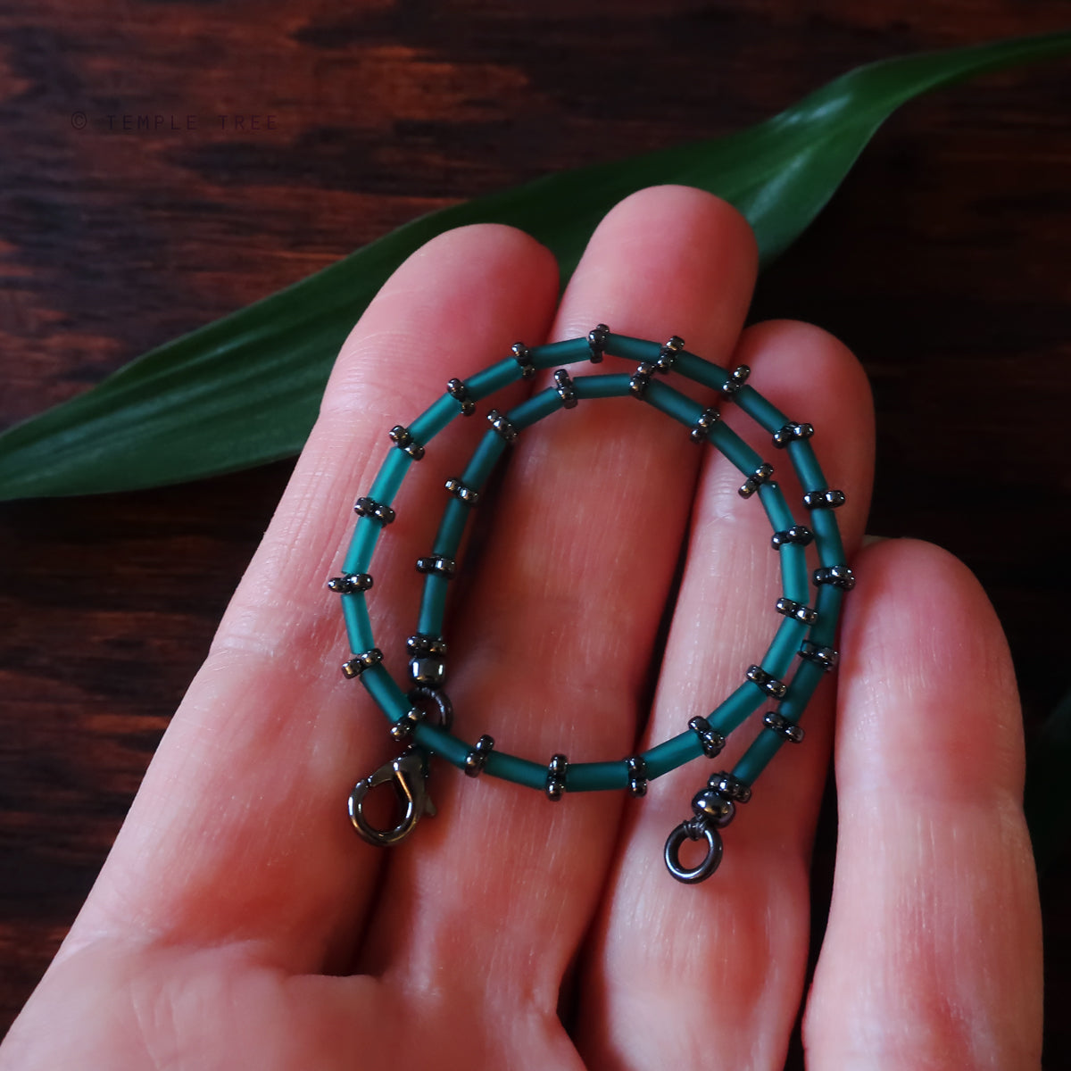 Temple Tree Thin Bamboo Weave Beaded Bracelet - Teal and Grey