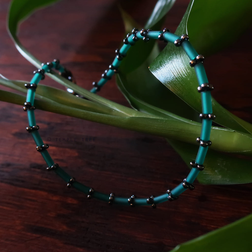 Temple Tree Thin Bamboo Weave Beaded Bracelet - Teal and Grey