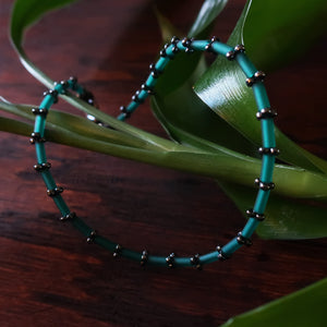 Temple Tree Thin Bamboo Weave Beaded Bracelet - Teal and Grey