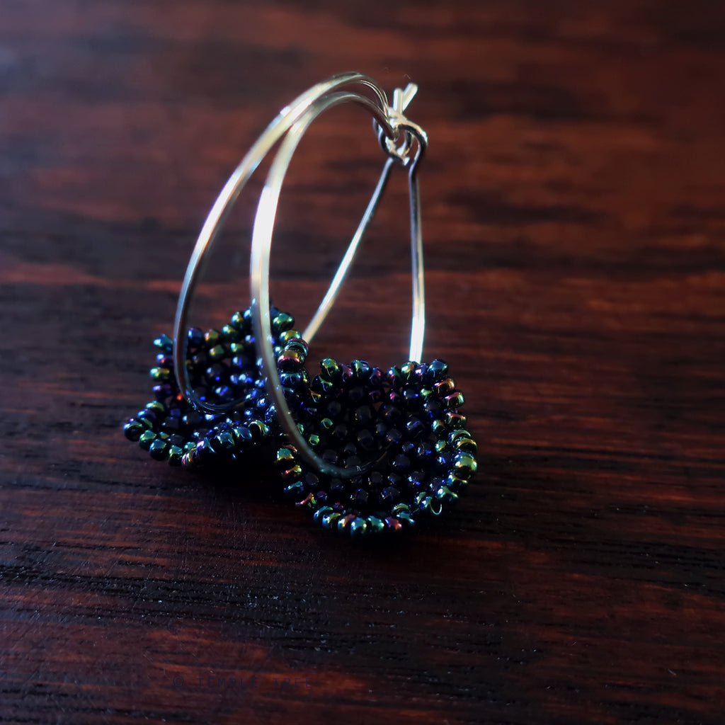 Temple Tree Mini Lotus Mandala Beaded Hoop Earrings - Galactic Blue