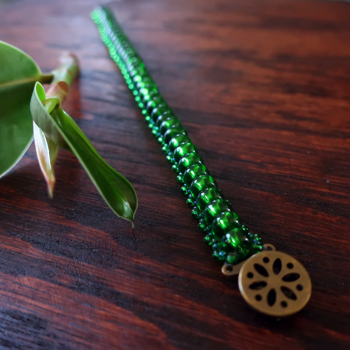 Temple Tree Bohemian Glass Bead Caterpillar Weave Bracelet - Green