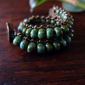 Temple Tree Boho Glass Bead Caterpillar Weave Bracelet - Turquoise and Bronze