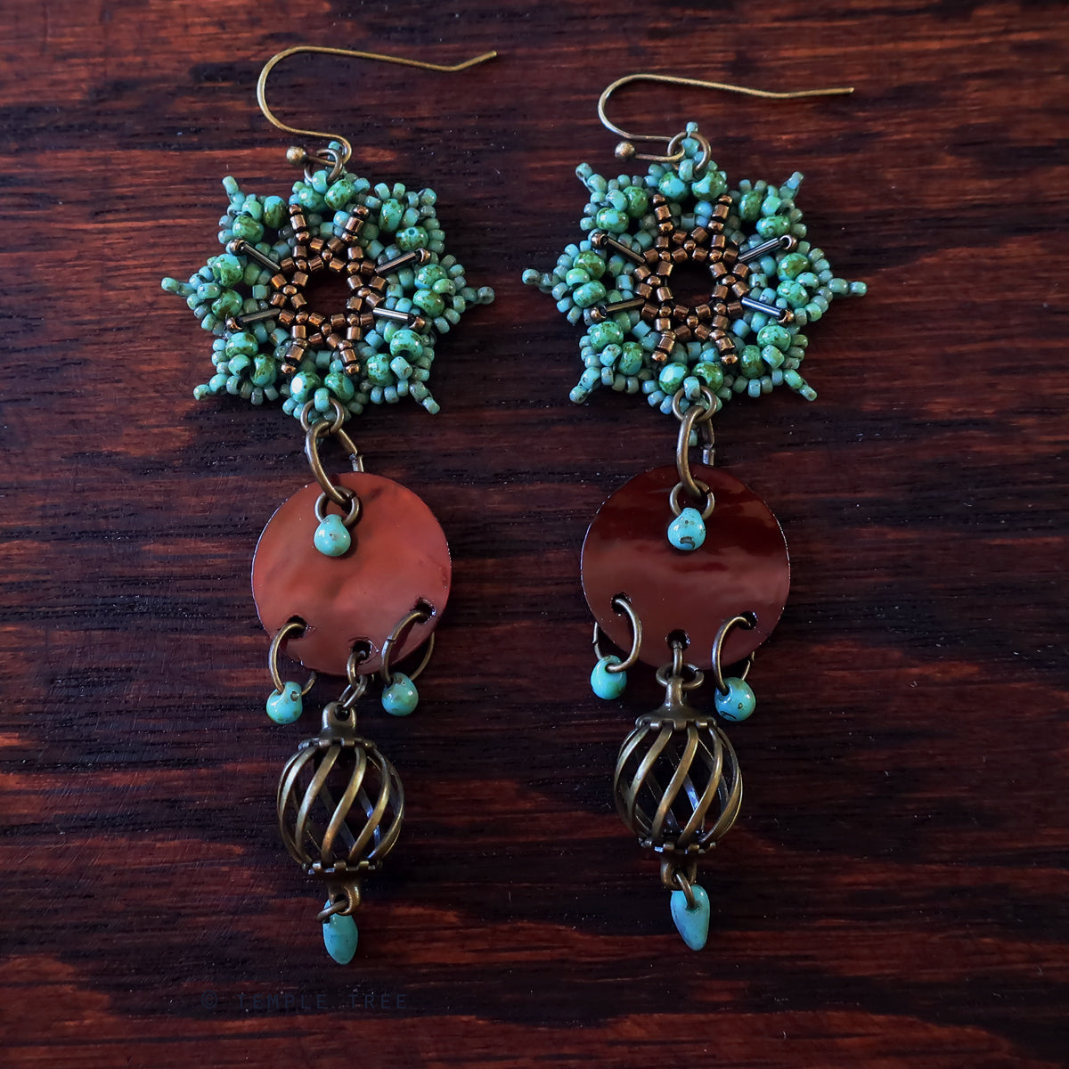 Temple Tree Dharma Wheel Beaded Earrings - Faux Turquoise with Bronze