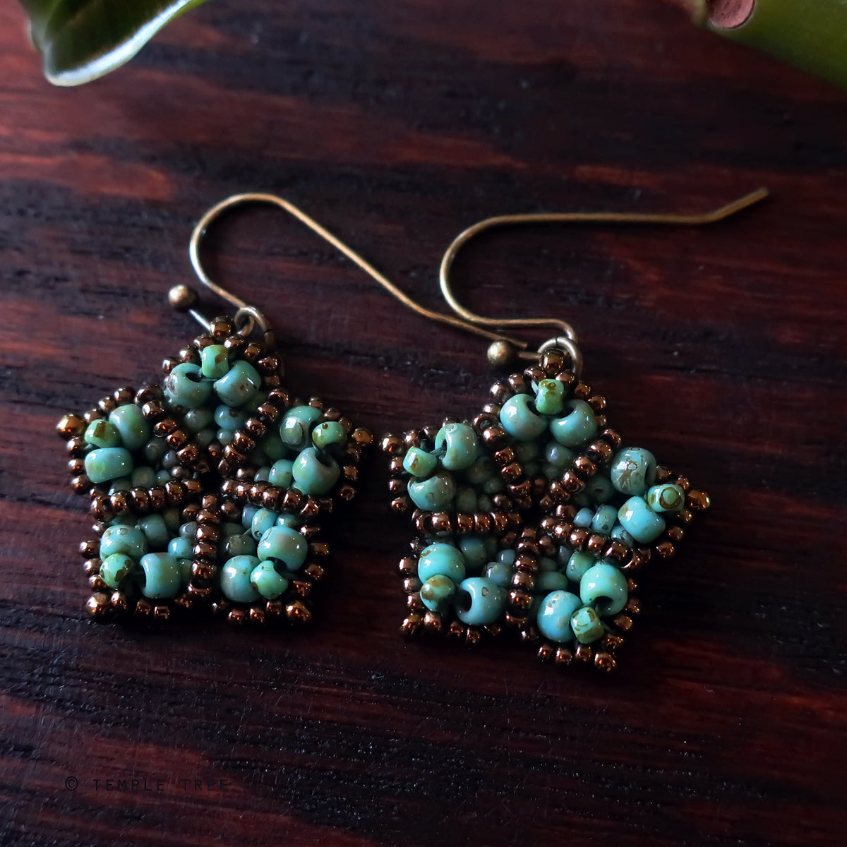 Temple Tree Mandala Flower Beaded Earrings - Faux Turquoise and Bronze