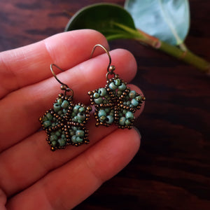 Temple Tree Mandala Flower Beaded Earrings - Faux Turquoise and Bronze