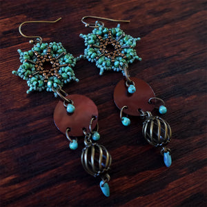 Temple Tree Dharma Wheel Beaded Earrings - Faux Turquoise with Bronze