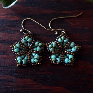 Temple Tree Mandala Flower Beaded Earrings - Faux Turquoise and Bronze