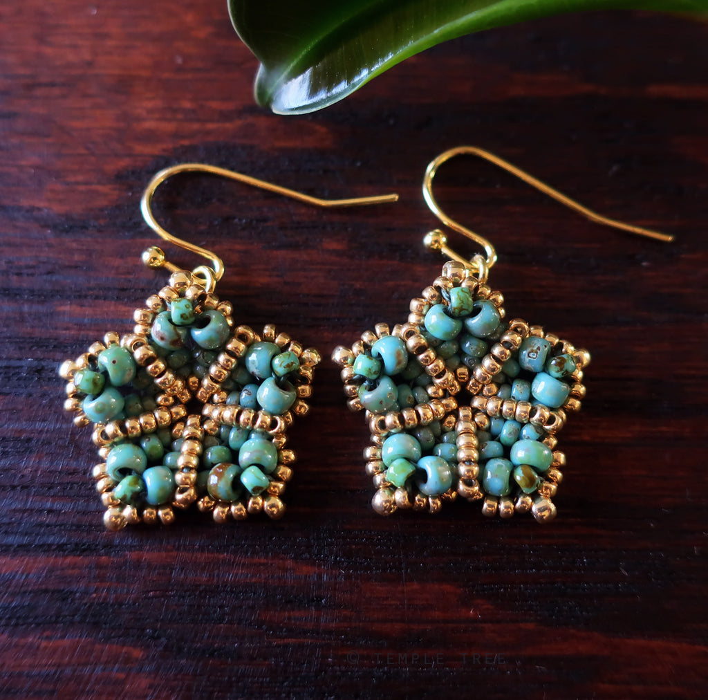 Temple Tree Mandala Flower Beaded Earrings - Faux Turquoise and Gold