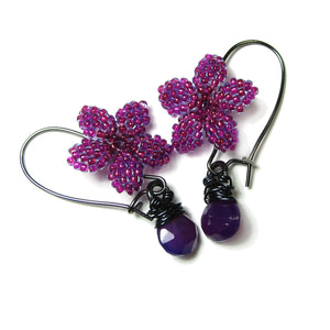 Heart in Hawaii Plumeria Flower Kahiko Earrings with Purple Chalcedony