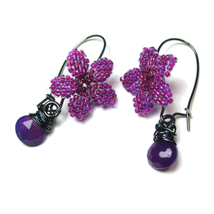 Heart in Hawaii Plumeria Flower Kahiko Earrings with Purple Chalcedony