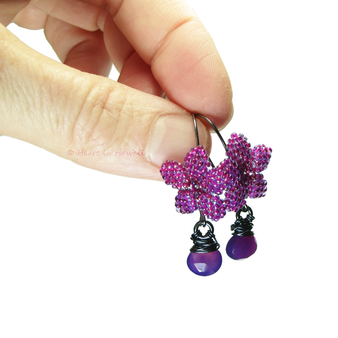 Heart in Hawaii Plumeria Flower Kahiko Earrings with Purple Chalcedony