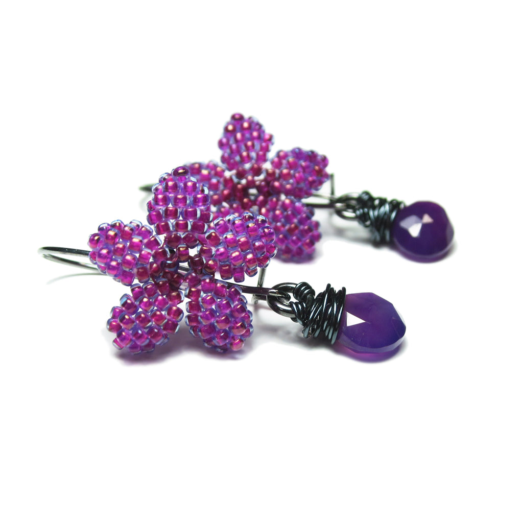 Heart in Hawaii Plumeria Flower Kahiko Earrings with Purple Chalcedony