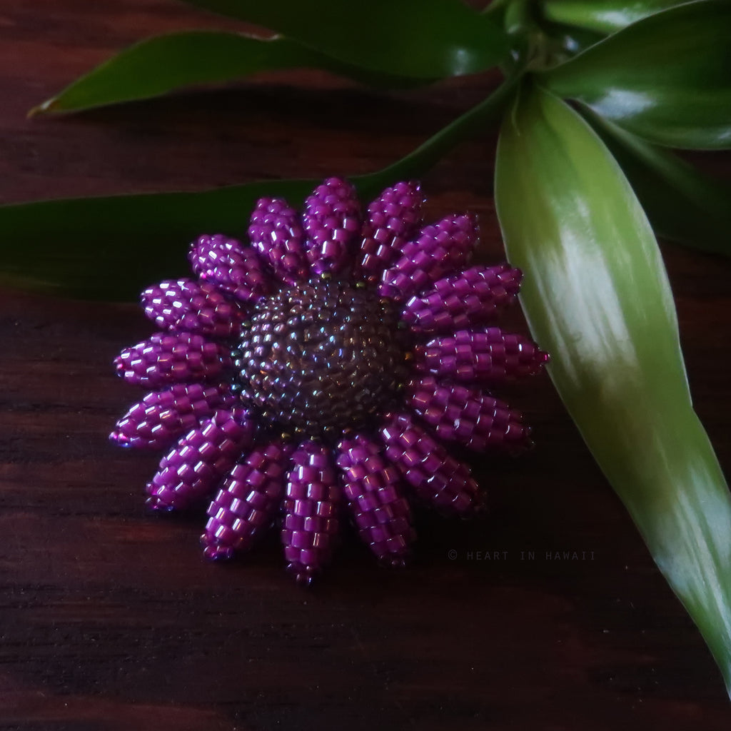 Heart in Hawaii Beaded Sunflower Brooch or Pendant - Violet Iris