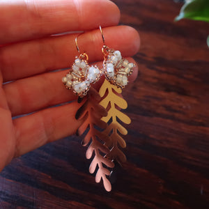 Temple Tree Quatrefoil Mandala Earrings with Rose Gold Leaves