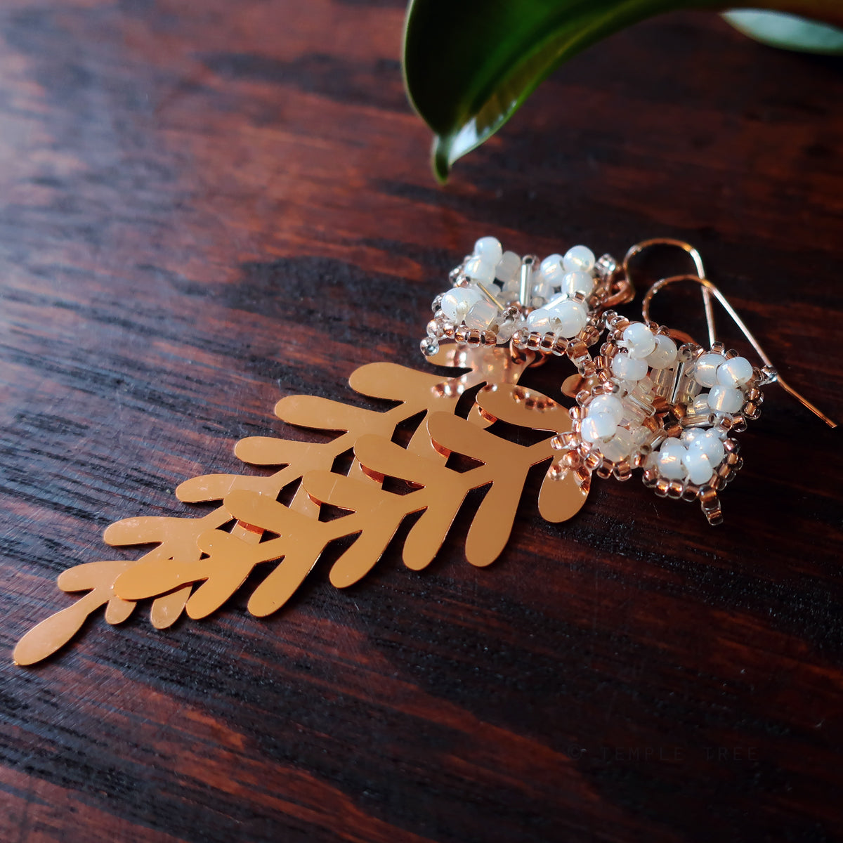 Temple Tree Quatrefoil Mandala Earrings with Rose Gold Leaves