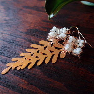 Temple Tree Quatrefoil Mandala Earrings with Rose Gold Leaves