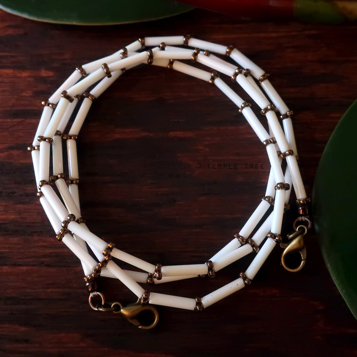 Temple Tree Bamboo Weave Beaded Mask Lanyard - White with Bronze