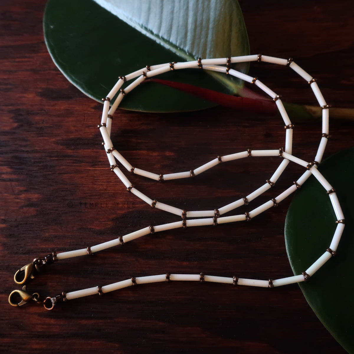 Temple Tree Bamboo Weave Beaded Mask Lanyard - White with Bronze