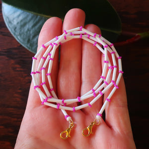 Temple Tree Bamboo Weave Beaded Mask Lanyard - White with Fuchsia