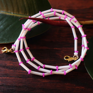 Temple Tree Bamboo Weave Beaded Mask Lanyard - White with Fuchsia