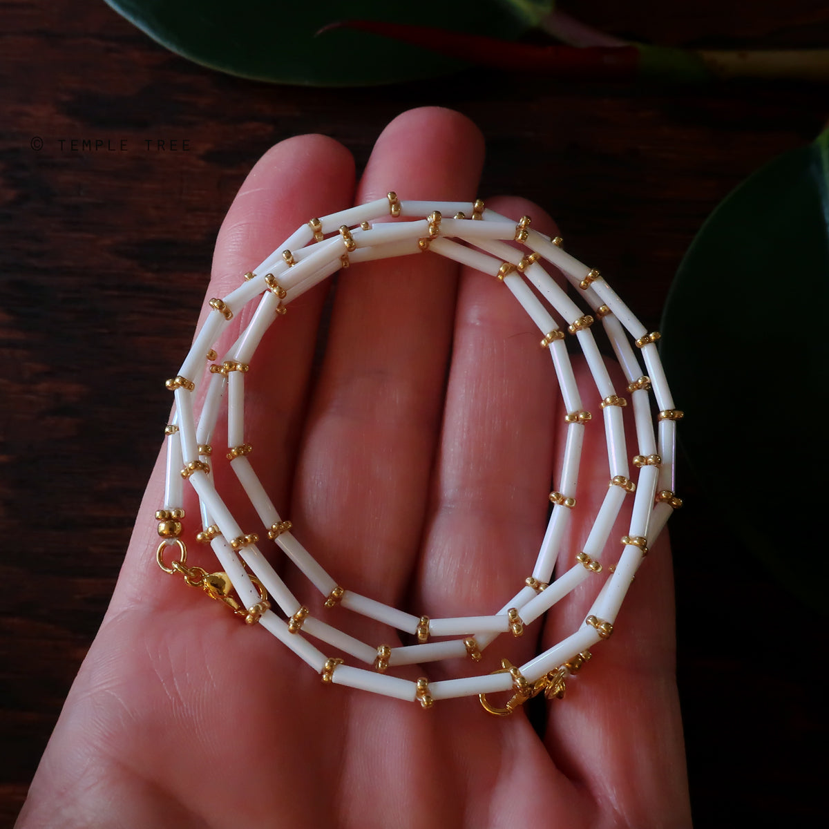 Temple Tree Bamboo Weave Beaded Mask Lanyard - White with Gold