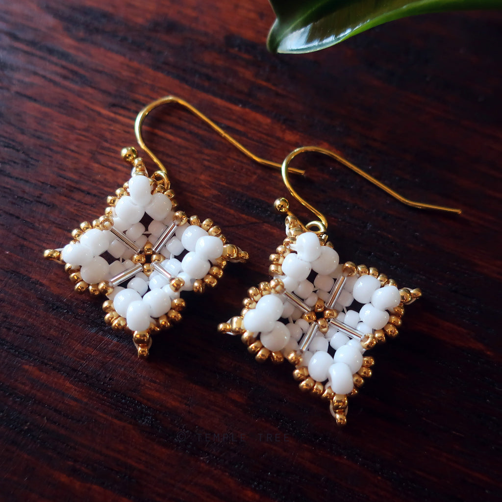 Temple Tree Quatrefoil Mandala Beaded Earrings - White and Gold