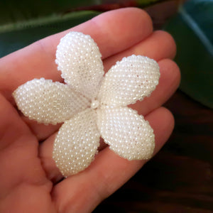 Heart in Hawaii 2 Inch Beaded Plumeria Flower Brooch - White Pearl