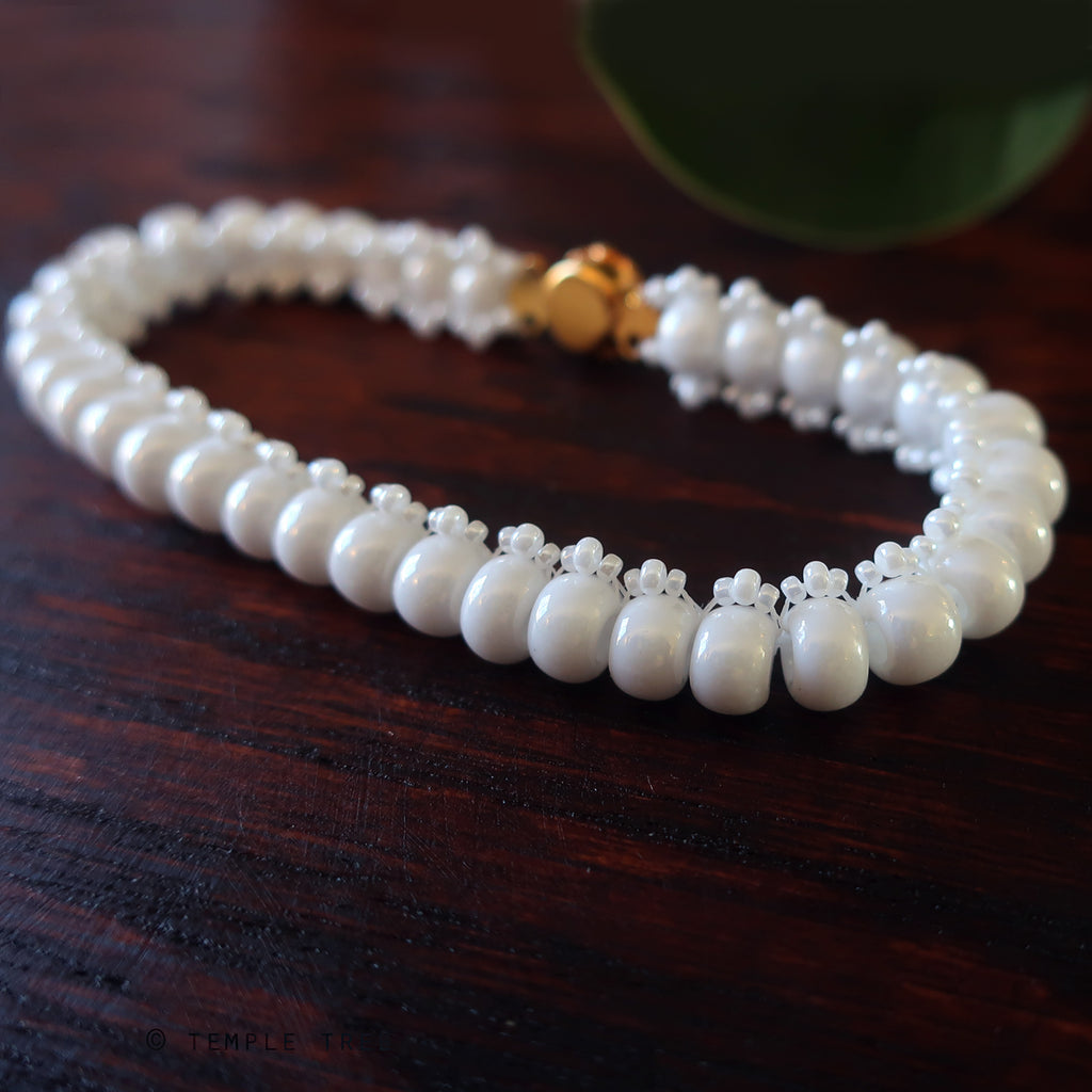 Temple Tree Bohemian Glass Bead Caterpillar Weave Bracelet - Pearly White