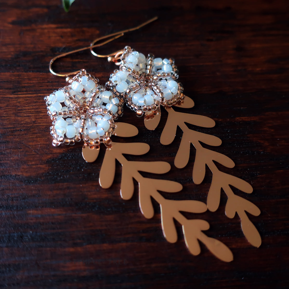Temple Tree Mandala Flower Earrings with Rose Gold Leaves