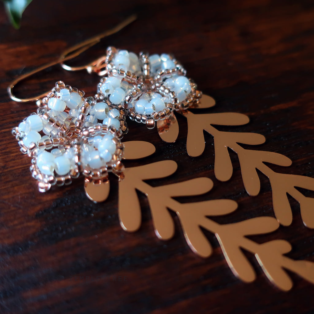 Temple Tree Mandala Flower Earrings with Rose Gold Leaves