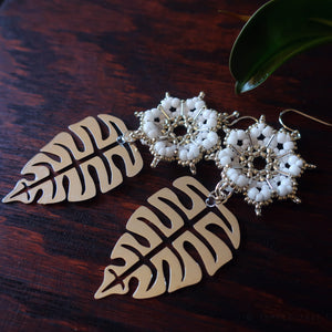Temple Tree Dharma Wheel Earrings with Monstera - White and Silver