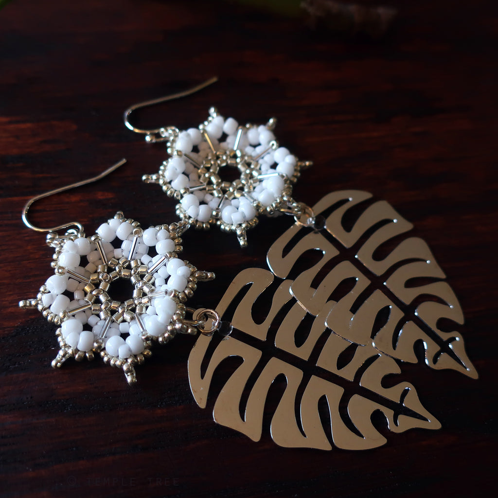 Temple Tree Dharma Wheel Earrings with Monstera - White and Silver