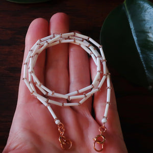Temple Tree Bamboo Weave Beaded Mask Lanyard - White with Sparkly RoseGold
