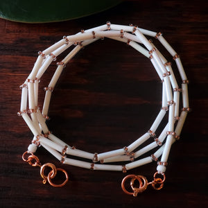 Temple Tree Bamboo Weave Beaded Mask Lanyard - White with Sparkly Copper