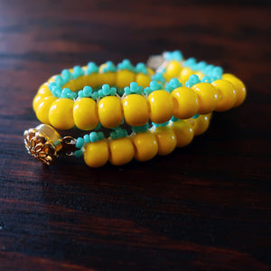 Temple Tree Boho Glass Bead Caterpillar Weave Bracelet - Yellow and Aqua