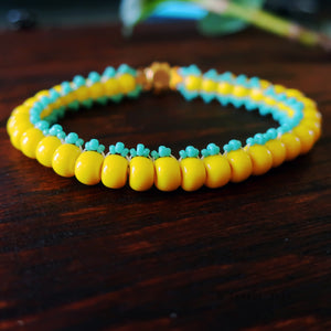 Temple Tree Boho Glass Bead Caterpillar Weave Bracelet - Yellow and Aqua